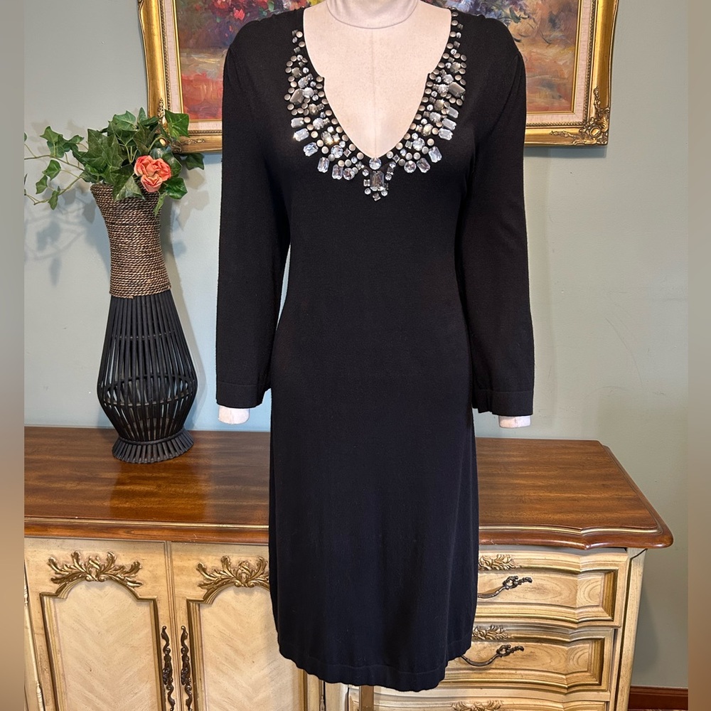 Michael Kors Black Beaded Rhinestone Jewel Stud Sweater Dress